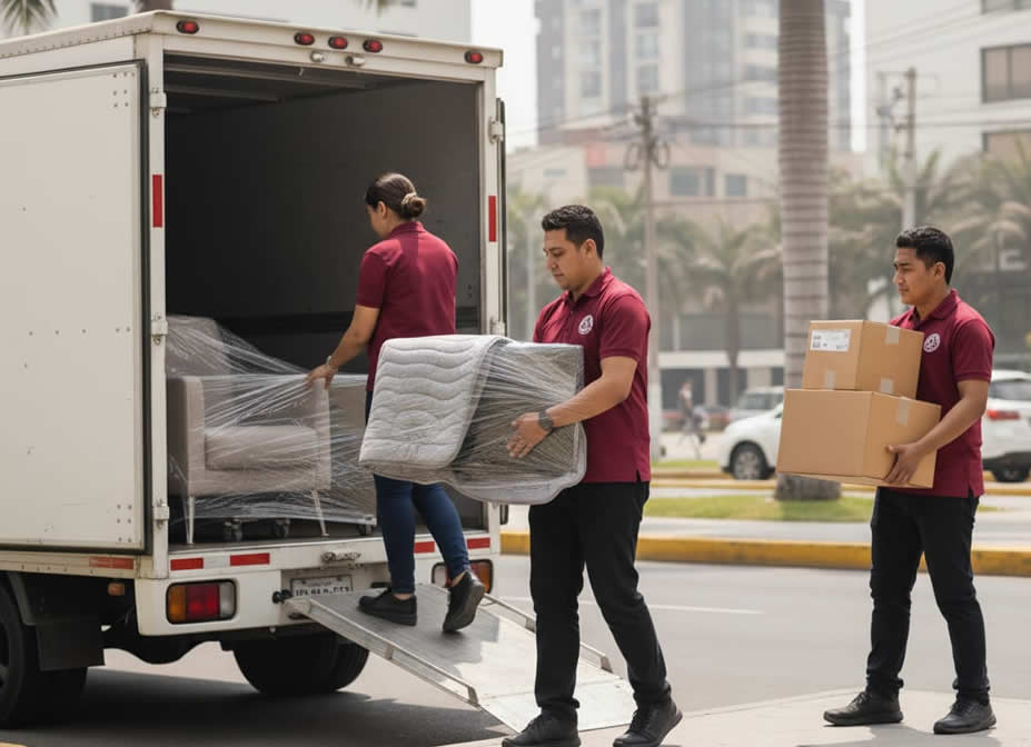 Equipo profesional de Mudanzas en Lima Perú cargando muebles embalados y cajas en la rampa de un camión de mudanza en la ciudad.