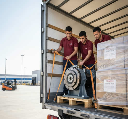 Tres técnicos de mudanza asegurando una pieza de maquinaria pesada o motor industrial en un palé, utilizando correas de sujeción dentro del camión para transporte seguro.