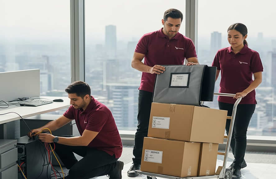 Equipo de mudanzas corporativas instalando equipos de TI y trasladando cajas en una oficina moderna con vistas a la ciudad.