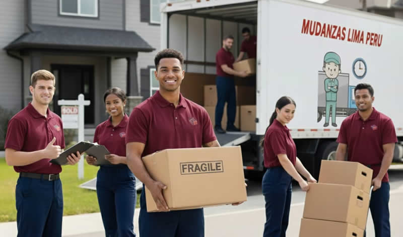 Equipo de mudanzas en Lima Perú cargando cajas y mercancía