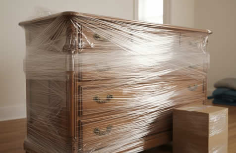 Ropero de madera embalado individualmente con varias capas de film protector para evitar rasguños y daños durante el transporte en mudanza.