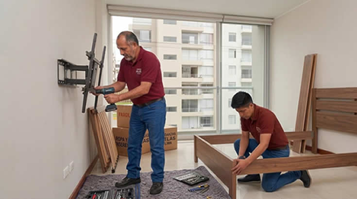 Personal técnico realizando el desmontaje de rack de televisor y cama de madera en una mudanza en Lima.